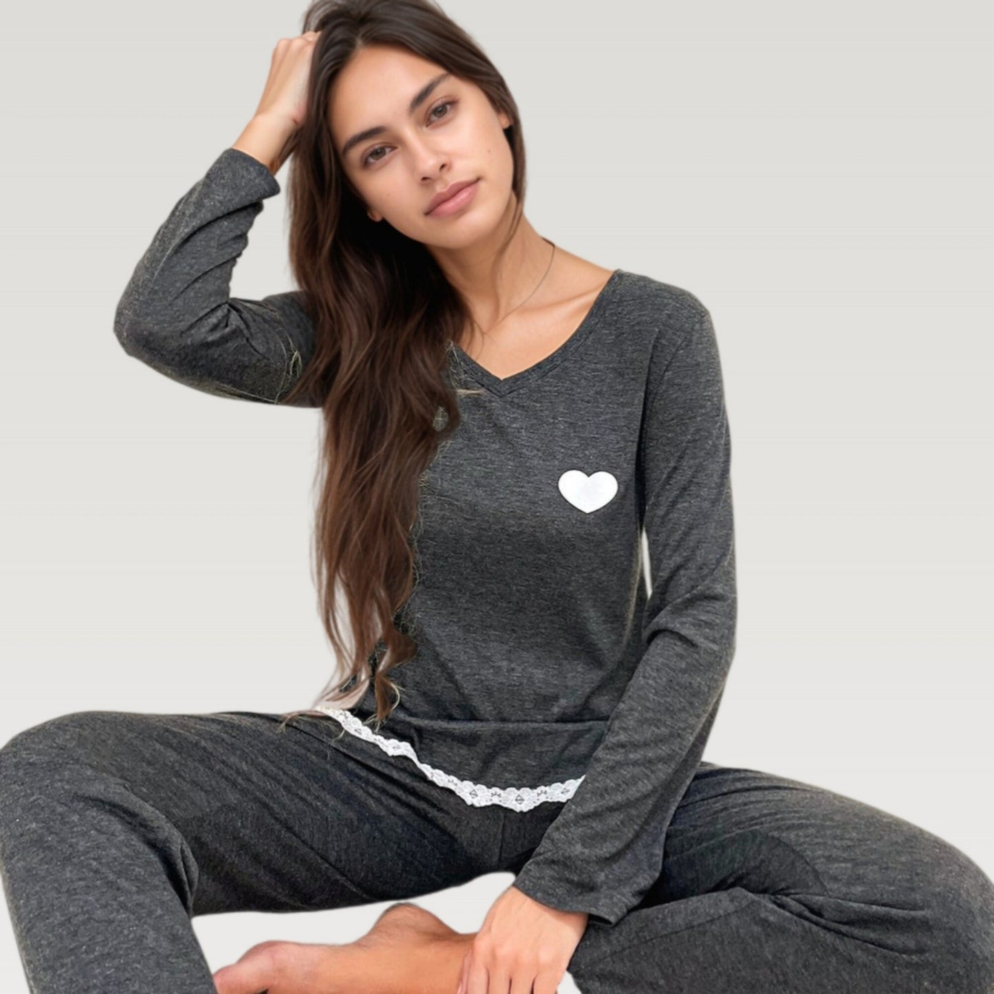 Long Sleeve Pajama Set with Lace Trim and Heart Detail