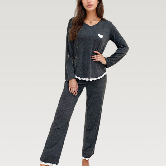 Long Sleeve Pajama Set with Lace Trim and Heart Detail