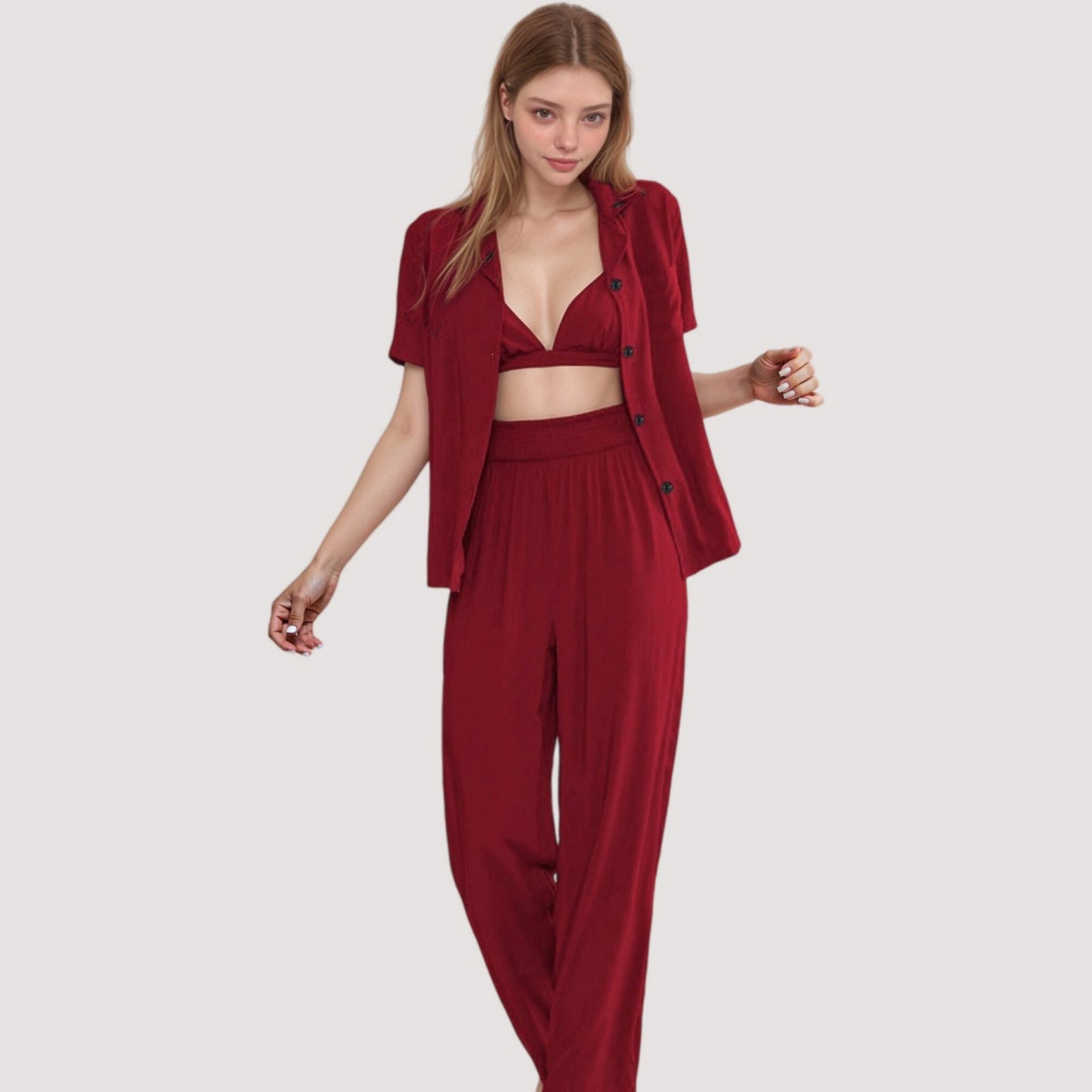 3-Piece Pajama Set with Bralette Top, Button Down Shirt, and Wide Leg Pants