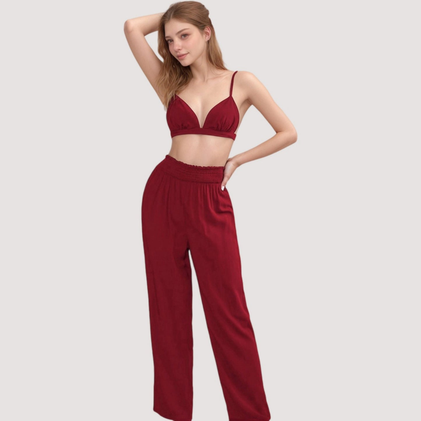 3-Piece Pajama Set with Bralette Top, Button Down Shirt, and Wide Leg Pants