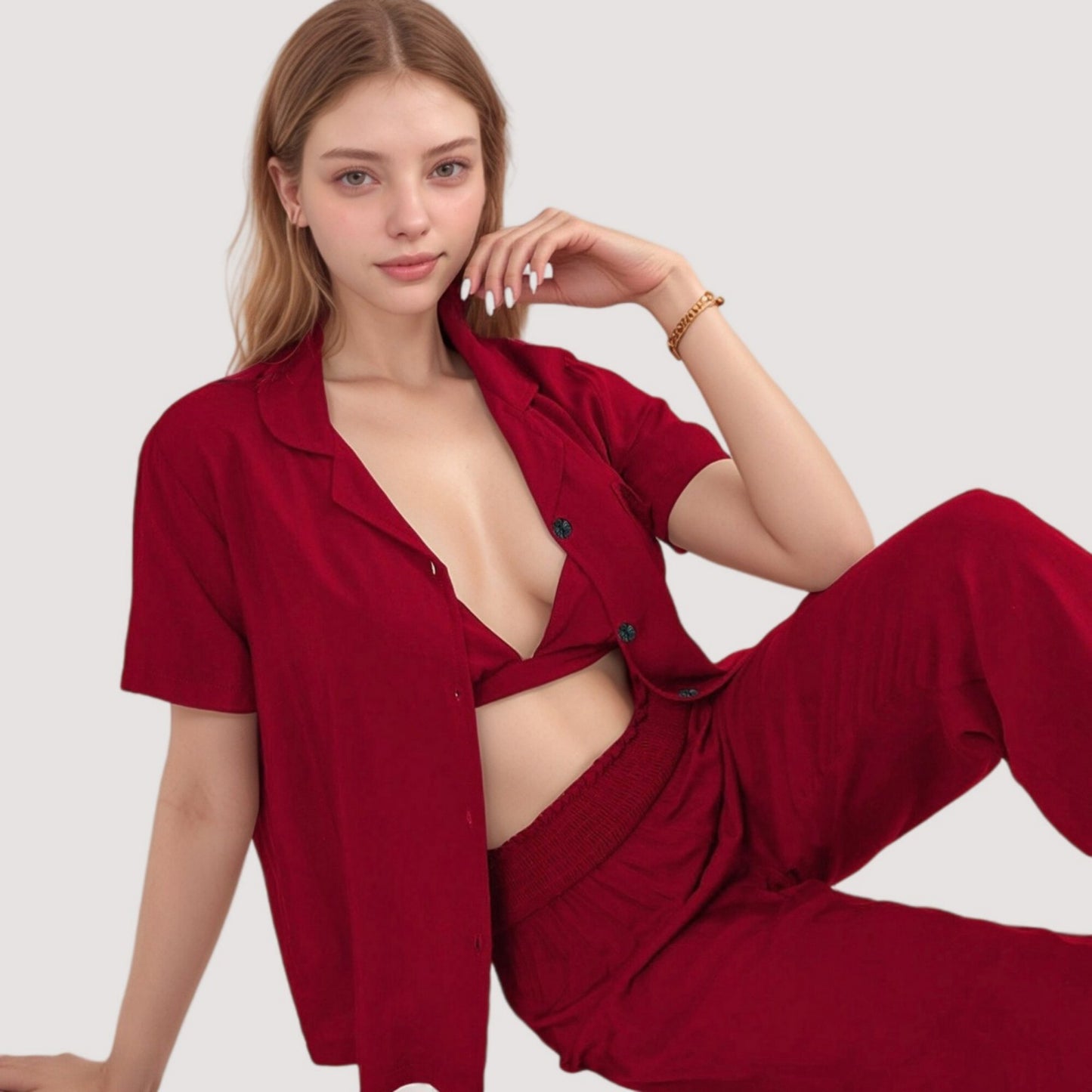 3-Piece Pajama Set with Bralette Top, Button Down Shirt, and Wide Leg Pants