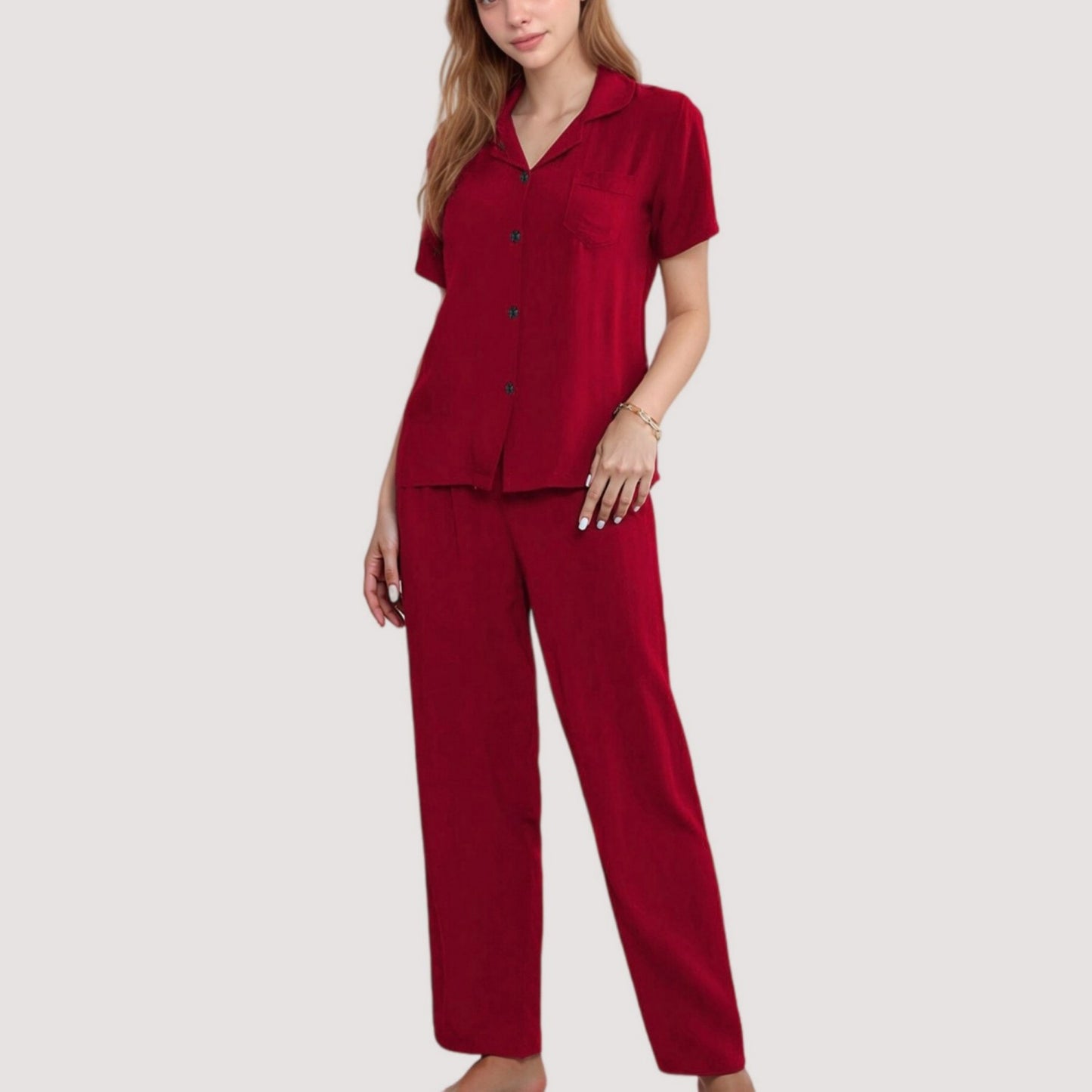 3-Piece Pajama Set with Bralette Top, Button Down Shirt, and Wide Leg Pants
