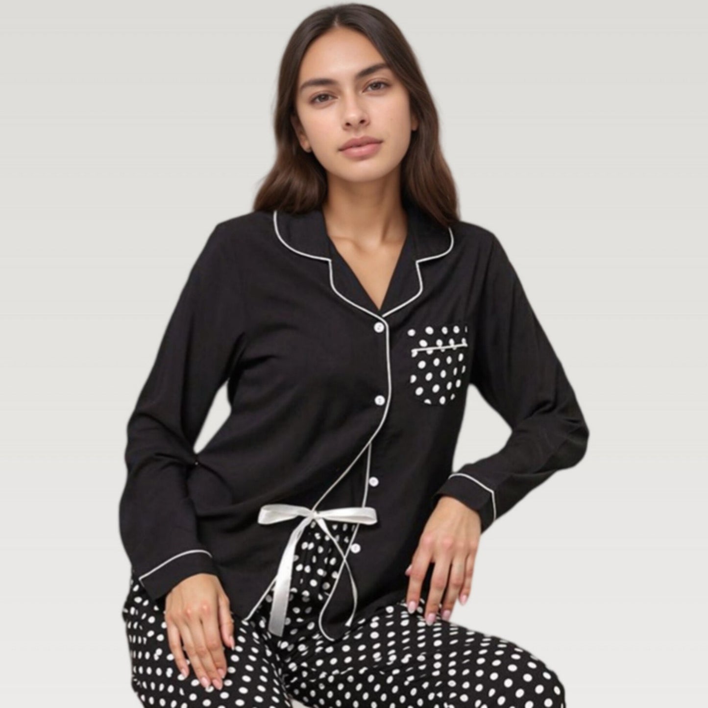 Polka Dot Pajama Set with Long Sleeve Button Top and Elastic Waist Pants