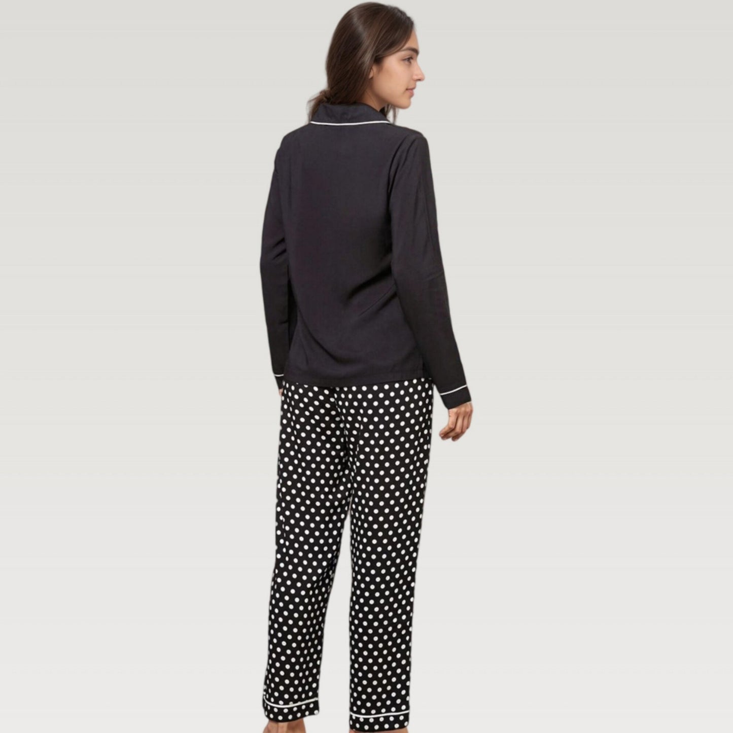 Polka Dot Pajama Set with Long Sleeve Button Top and Elastic Waist Pants