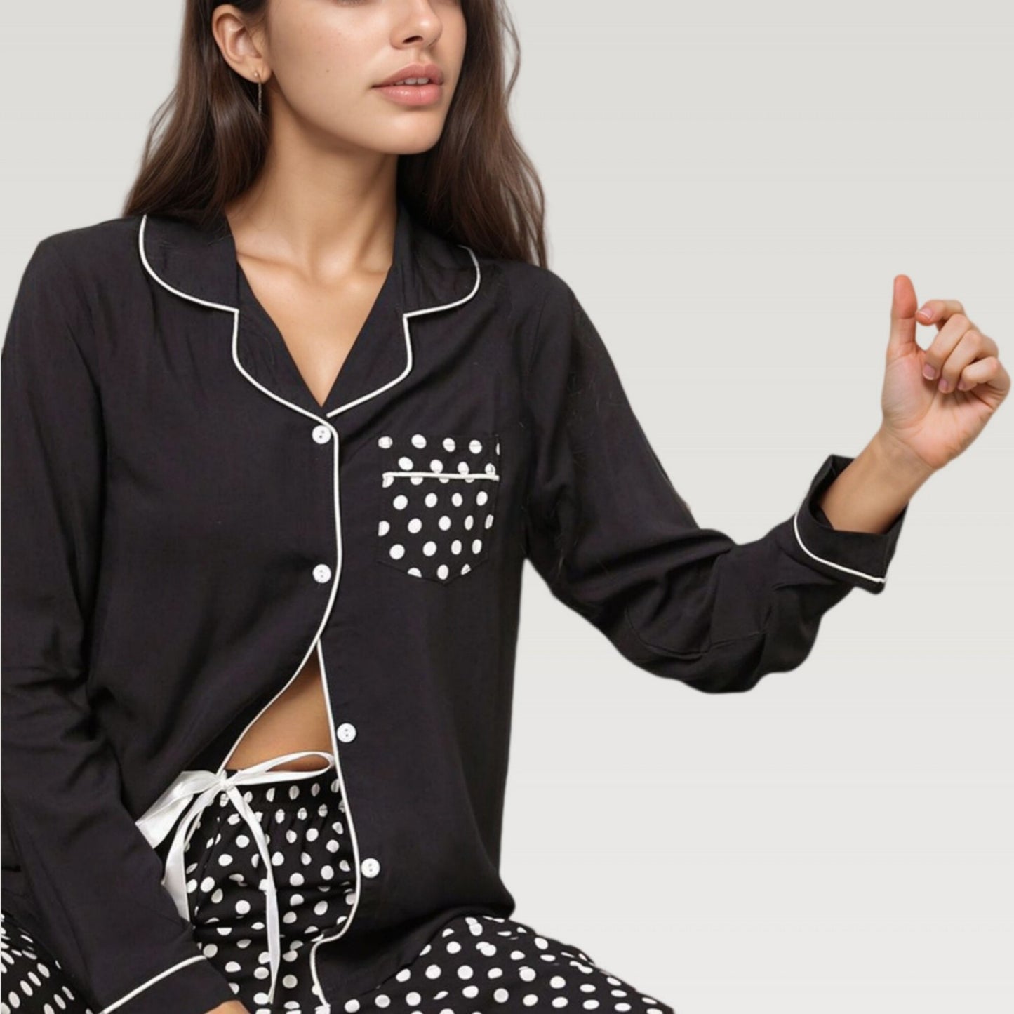 Polka Dot Pajama Set with Long Sleeve Button Top and Elastic Waist Pants