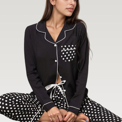 Polka Dot Pajama Set with Long Sleeve Button Top and Elastic Waist Pants