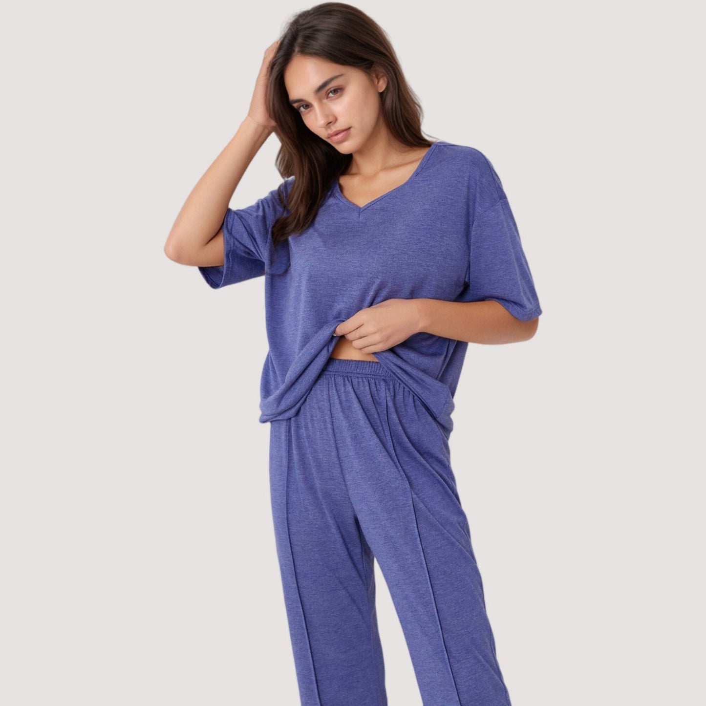 Relaxed Fit Lounge Set with V-Neck Short Sleeve Top and Full-Length Pants