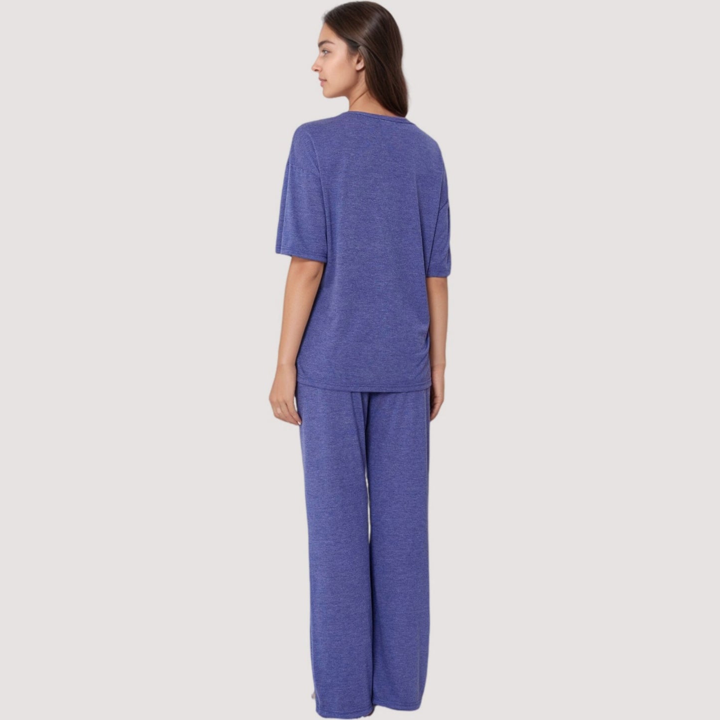 Relaxed Fit Lounge Set with V-Neck Short Sleeve Top and Full-Length Pants