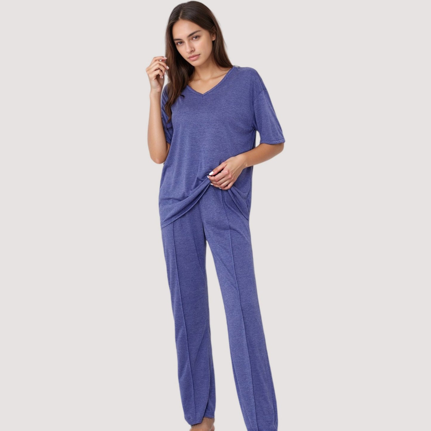 Relaxed Fit Lounge Set with V-Neck Short Sleeve Top and Full-Length Pants