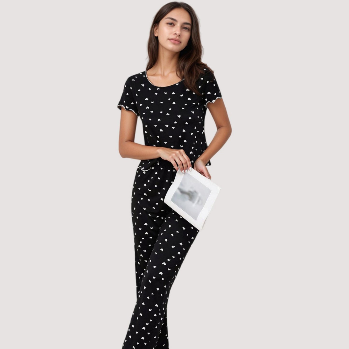 Heart Print Pajama Set with Short Sleeve Lettuce Trim Top and Full-Length Pants