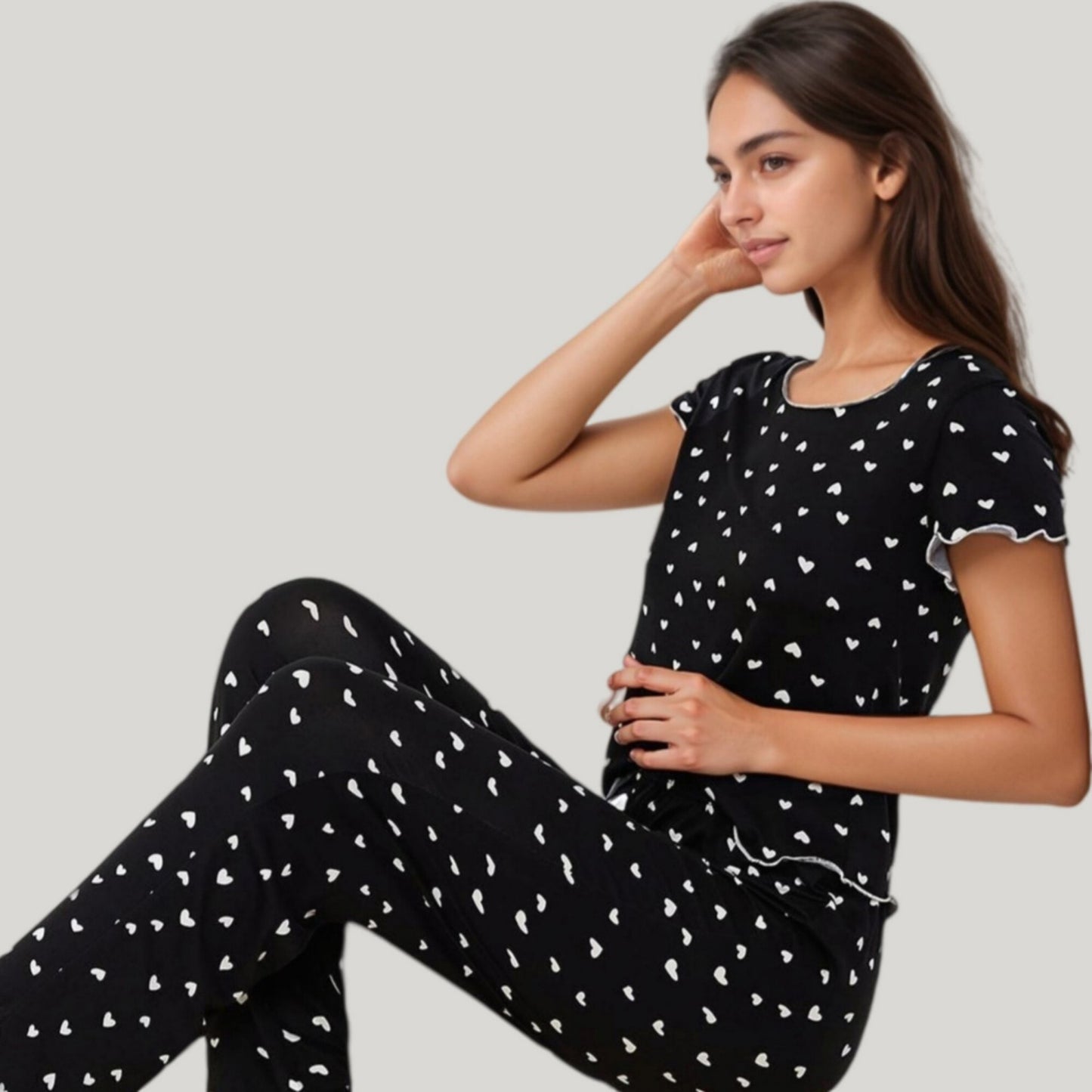 Heart Print Pajama Set with Short Sleeve Lettuce Trim Top and Full-Length Pants