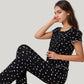 Heart Print Pajama Set with Short Sleeve Lettuce Trim Top and Full-Length Pants