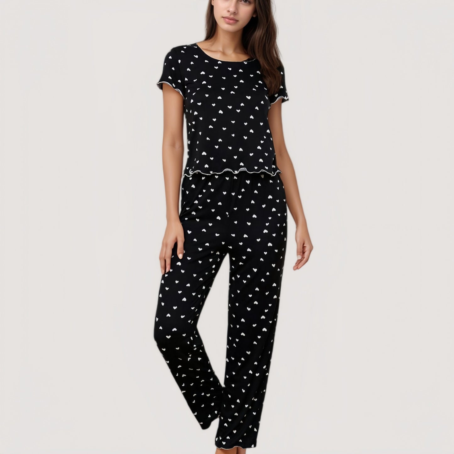 Heart Print Pajama Set with Short Sleeve Lettuce Trim Top and Full-Length Pants