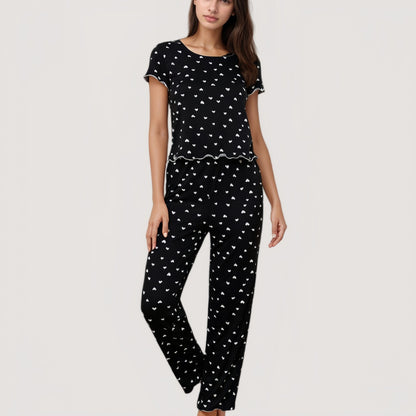 Heart Print Pajama Set with Short Sleeve Lettuce Trim Top and Full-Length Pants