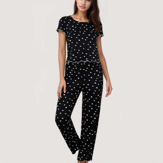 Heart Print Pajama Set with Short Sleeve Lettuce Trim Top and Full-Length Pants