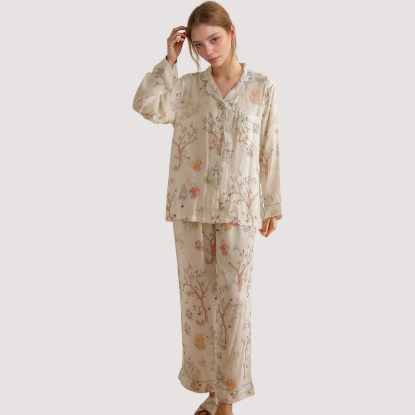 Woodland Animal Pajama Set with Button-Up Long Sleeve Top and Relaxed Fit Pants