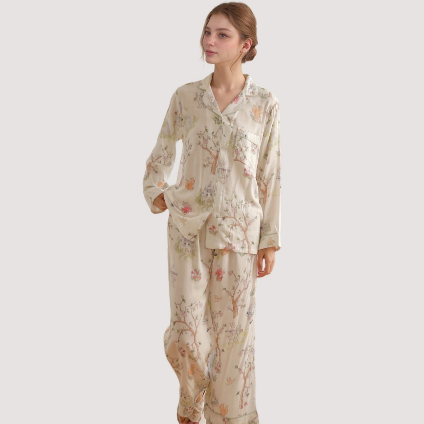 Woodland Animal Pajama Set with Button-Up Long Sleeve Top and Relaxed Fit Pants