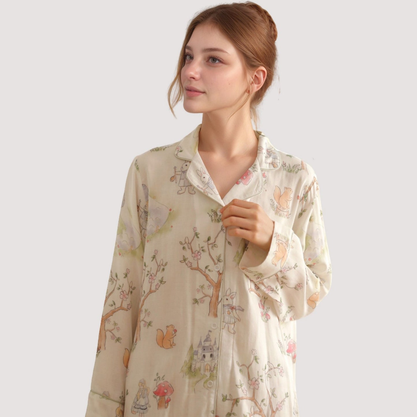 Woodland Animal Pajama Set with Button-Up Long Sleeve Top and Relaxed Fit Pants