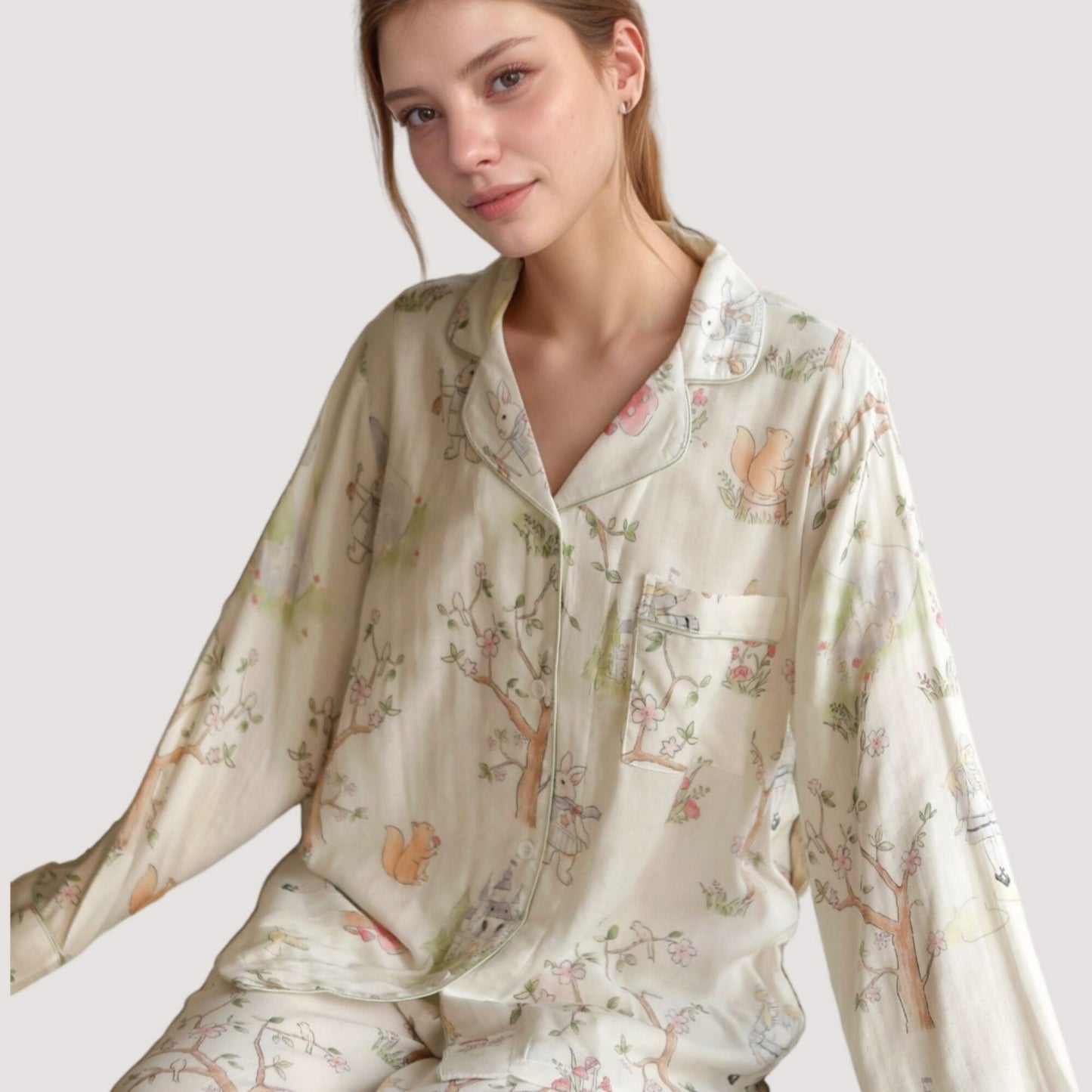 Woodland Animal Pajama Set with Button-Up Long Sleeve Top and Relaxed Fit Pants