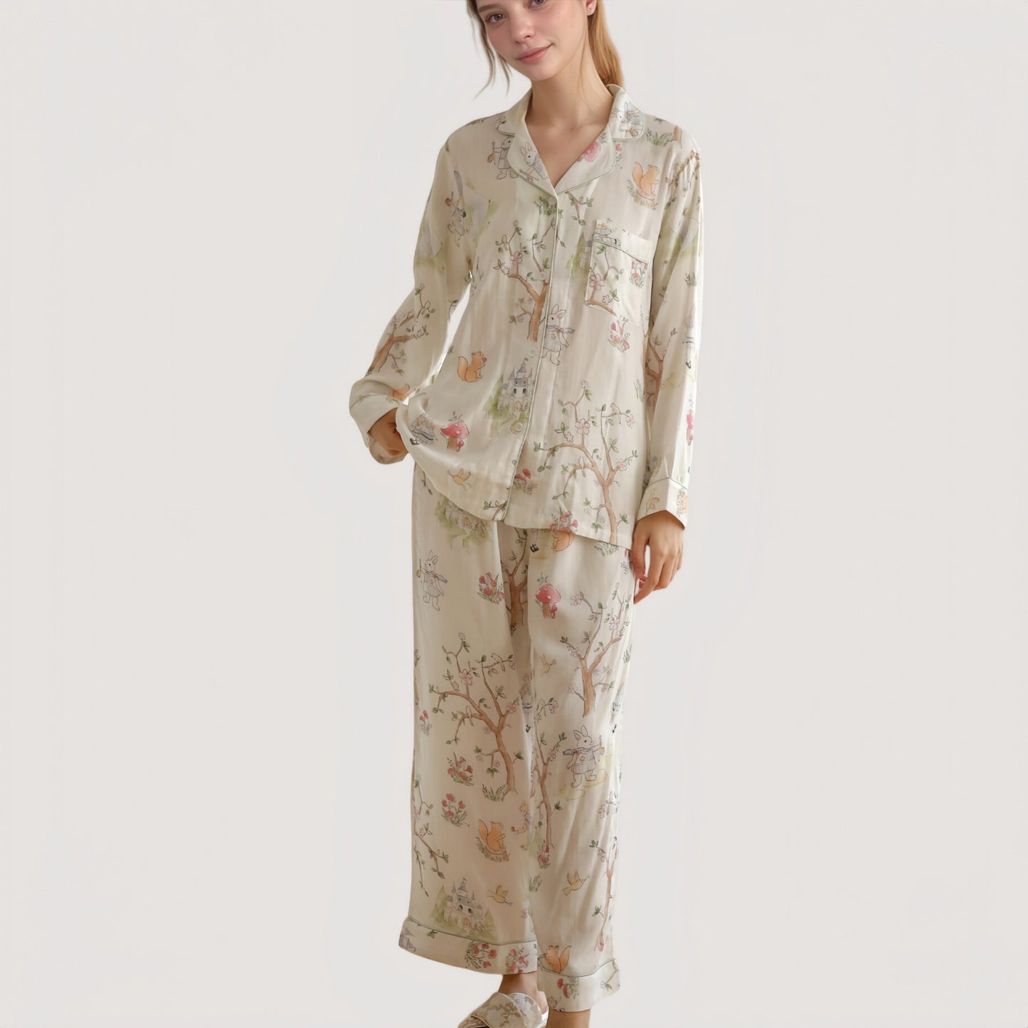 Woodland Animal Pajama Set with Button-Up Long Sleeve Top and Relaxed Fit Pants