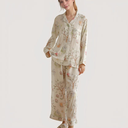 Woodland Animal Pajama Set with Button-Up Long Sleeve Top and Relaxed Fit Pants