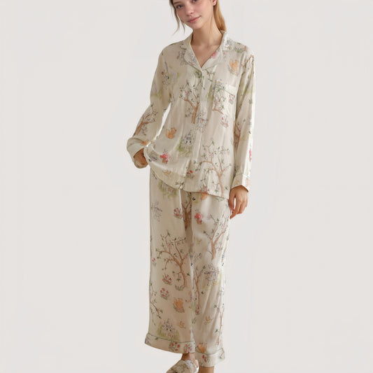 Woodland Animal Pajama Set with Button-Up Long Sleeve Top and Relaxed Fit Pants
