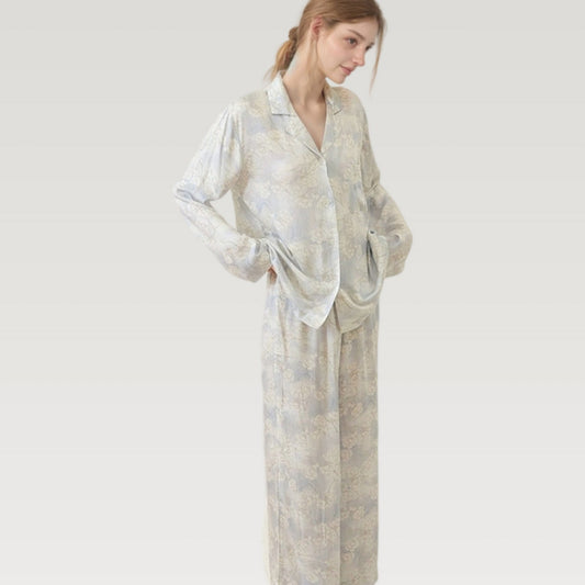 Satin Floral Pajama Set with Button-Up Long Sleeve Top and Relaxed Fit Pants