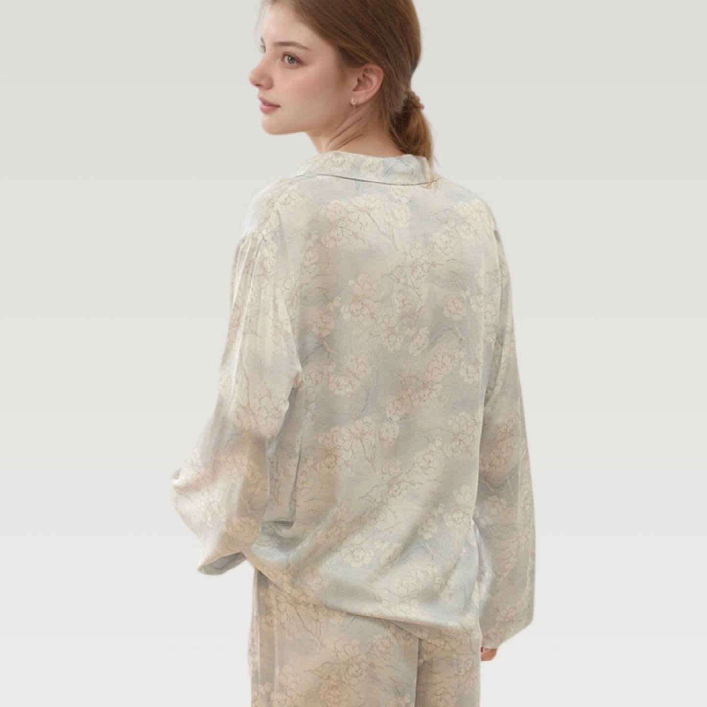 Satin Floral Pajama Set with Button-Up Long Sleeve Top and Relaxed Fit Pants