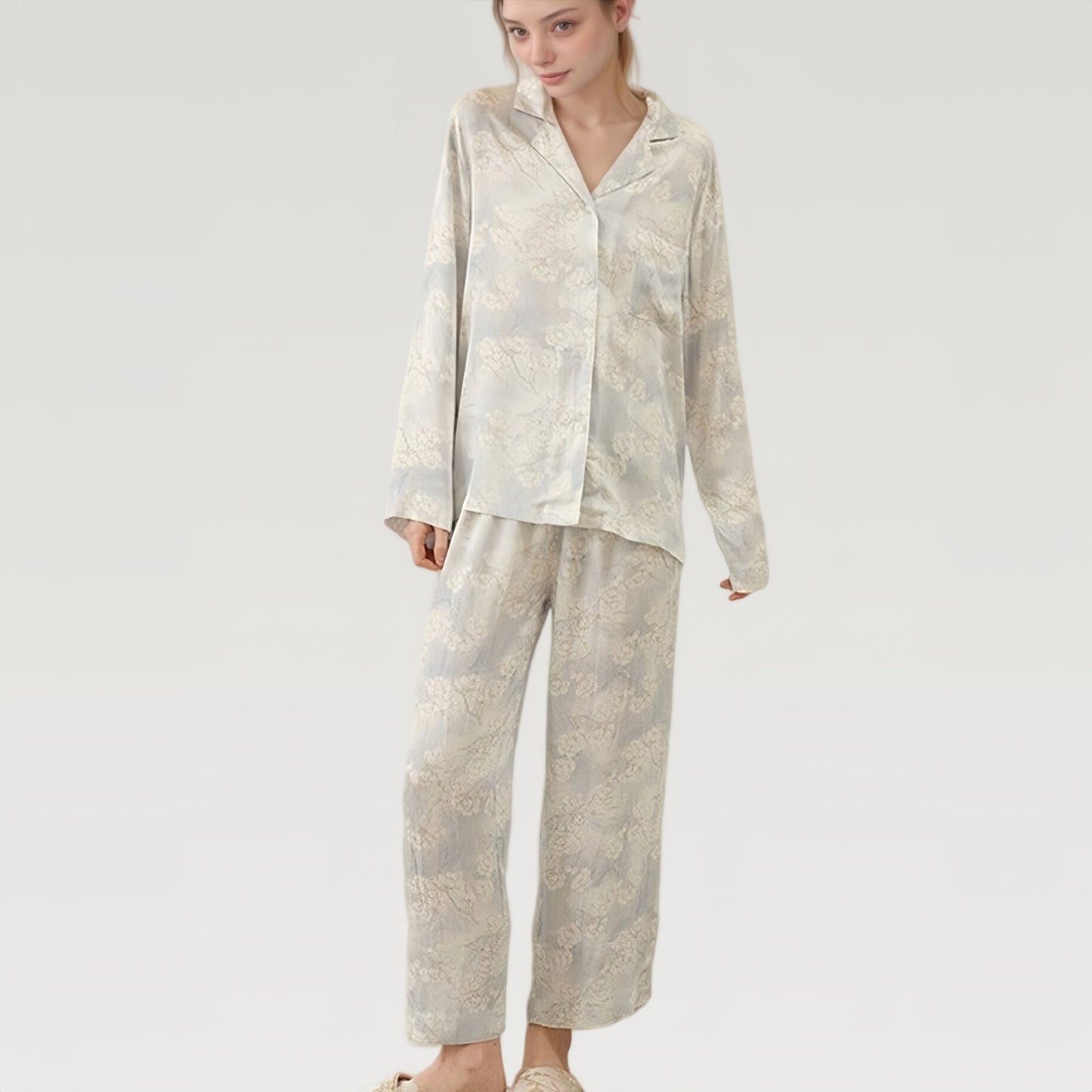 Satin Floral Pajama Set with Button-Up Long Sleeve Top and Relaxed Fit Pants