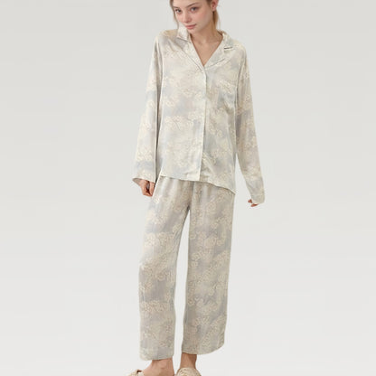 Satin Floral Pajama Set with Button-Up Long Sleeve Top and Relaxed Fit Pants