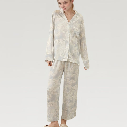 Satin Floral Pajama Set with Button-Up Long Sleeve Top and Relaxed Fit Pants