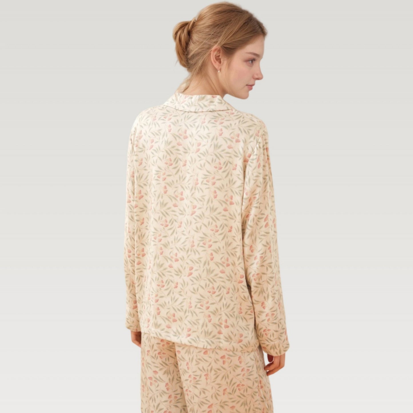 Satin Botanical Print Pajama Set with Long Sleeve Button Top and Contrast Hem Pants