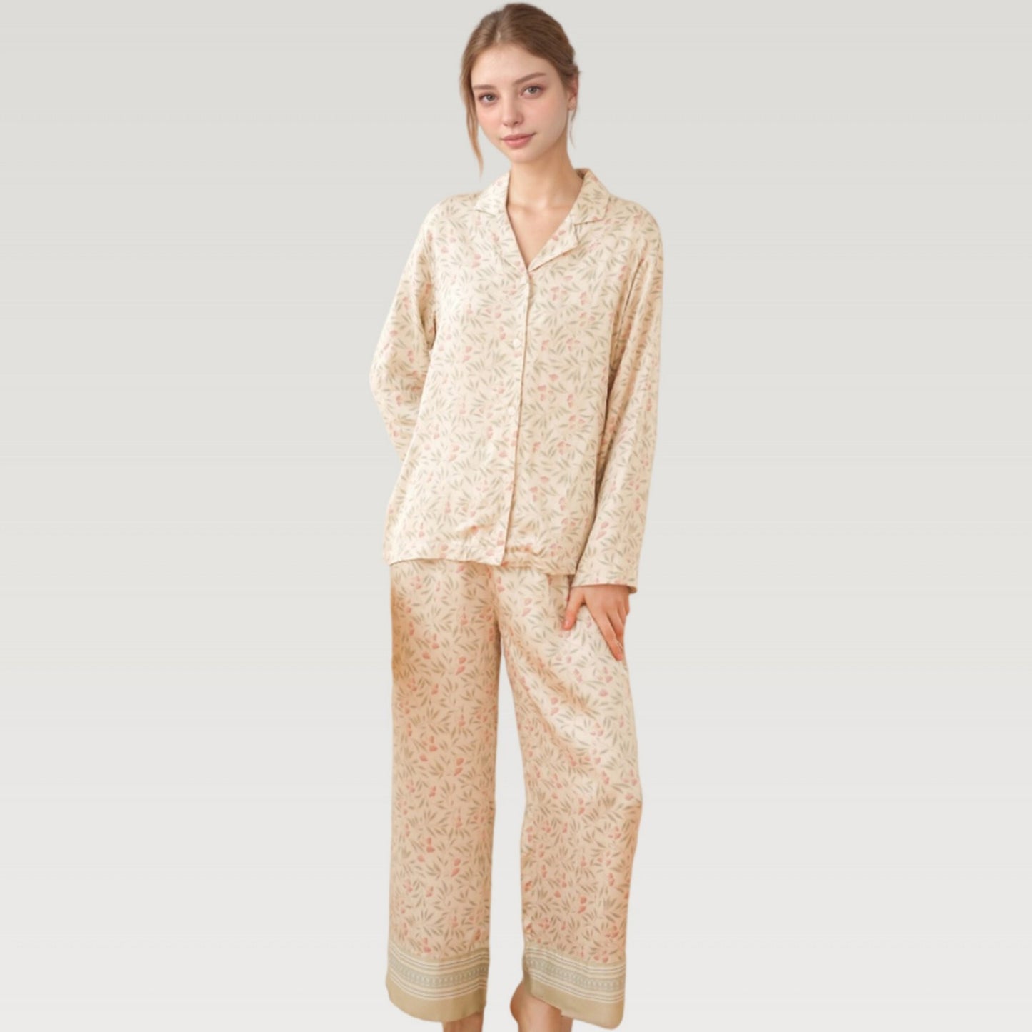 Satin Botanical Print Pajama Set with Long Sleeve Button Top and Contrast Hem Pants