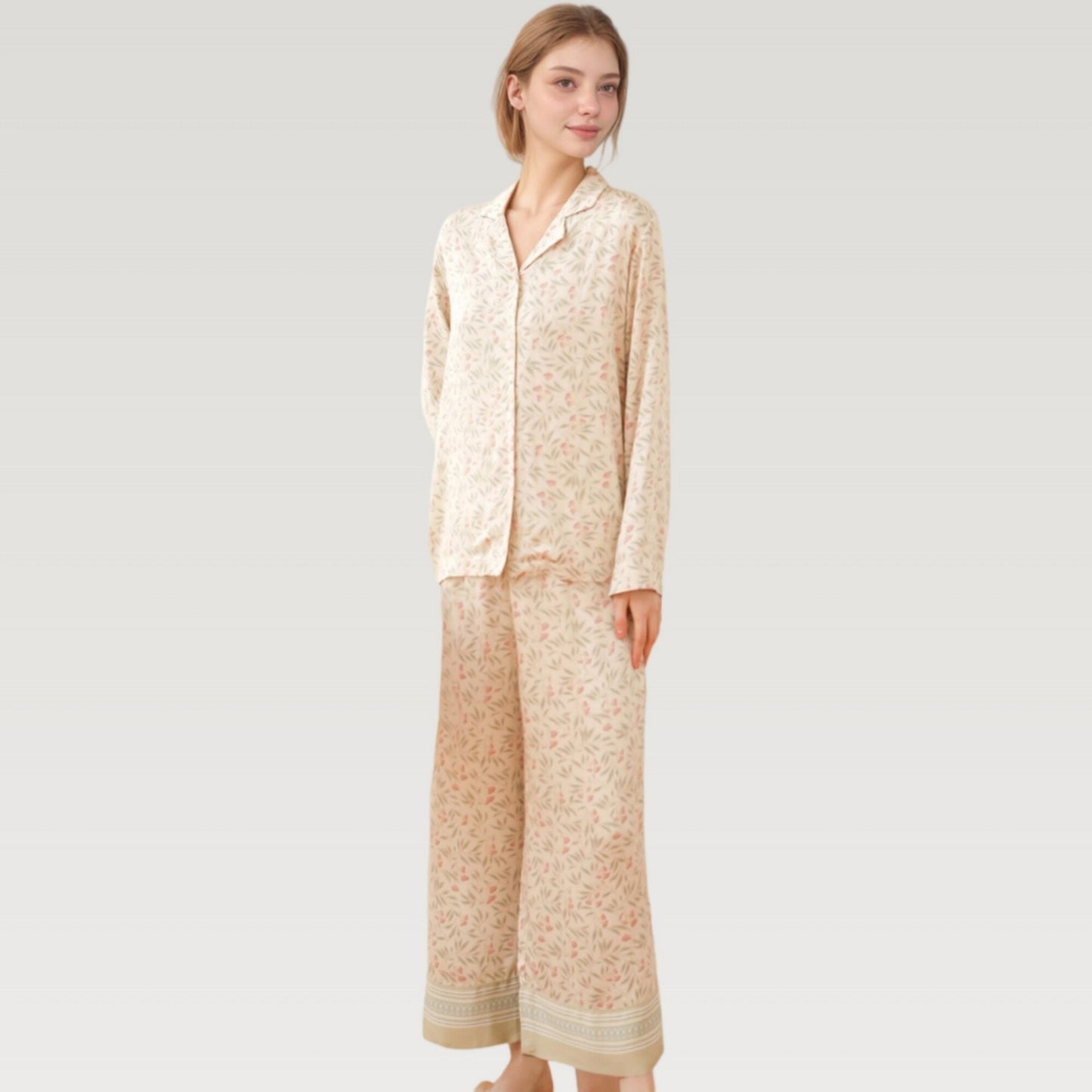 Satin Botanical Print Pajama Set with Long Sleeve Button Top and Contrast Hem Pants
