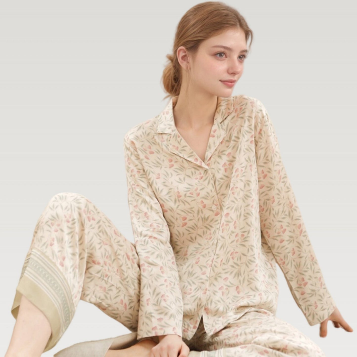Satin Botanical Print Pajama Set with Long Sleeve Button Top and Contrast Hem Pants