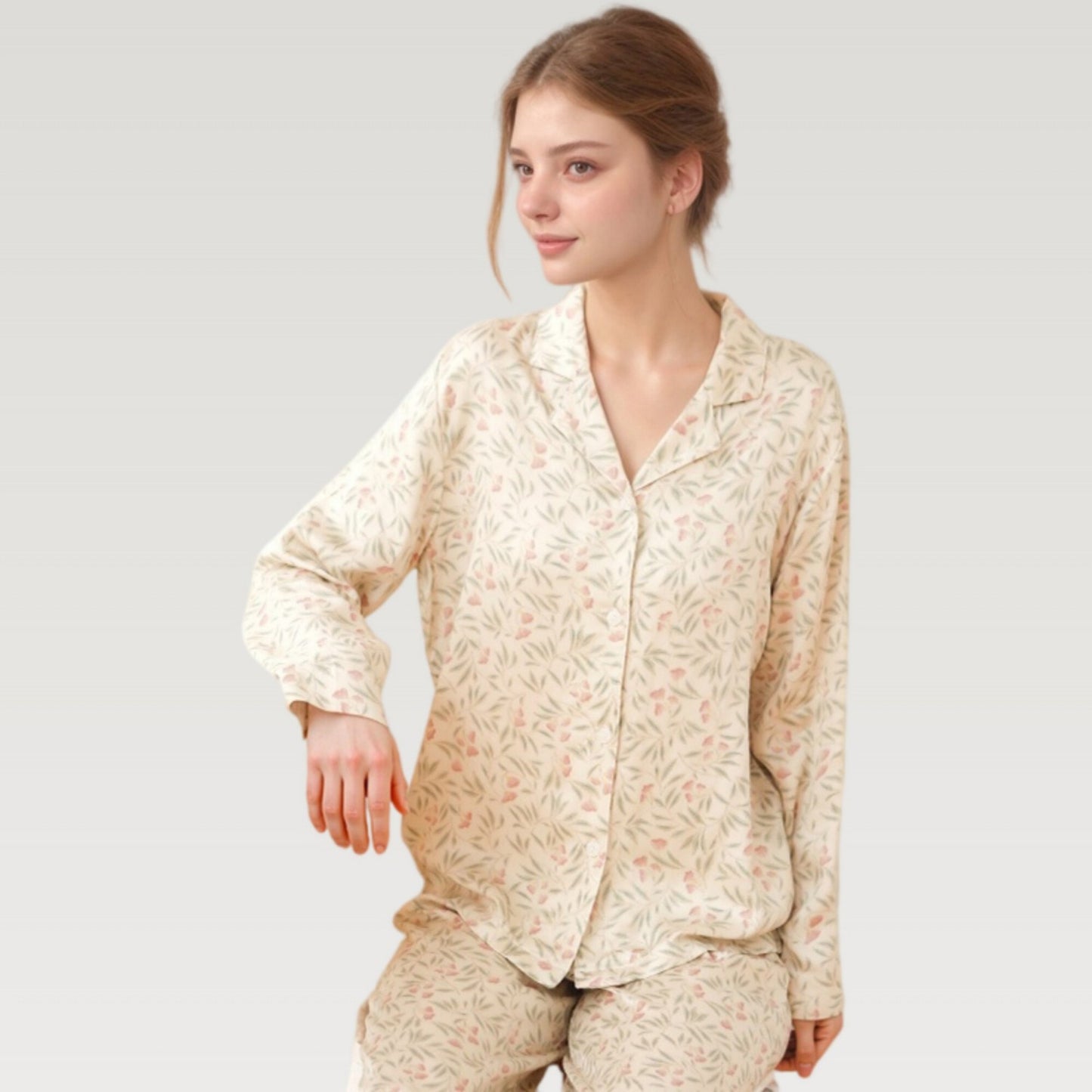 Satin Botanical Print Pajama Set with Long Sleeve Button Top and Contrast Hem Pants