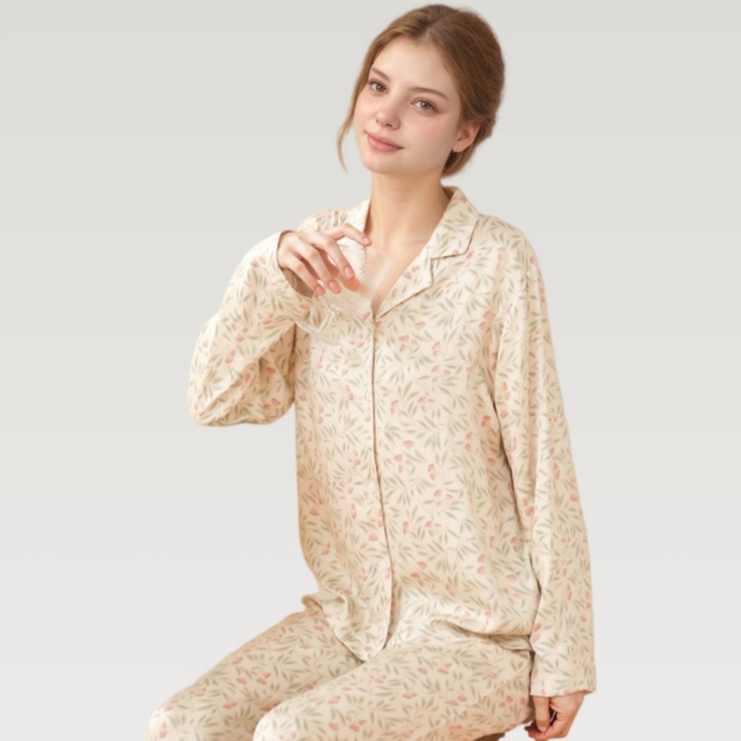 Satin Botanical Print Pajama Set with Long Sleeve Button Top and Contrast Hem Pants
