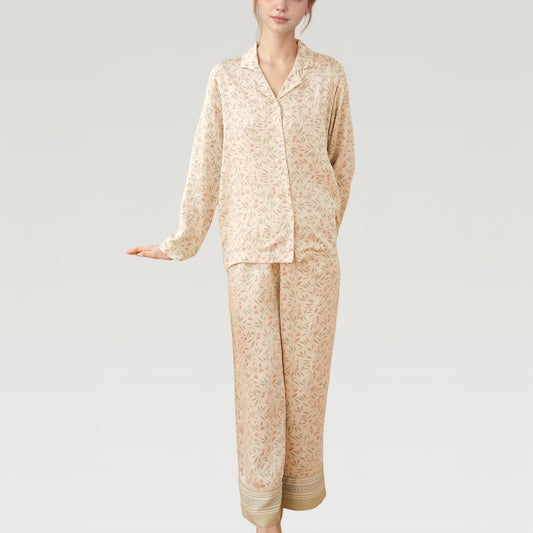 Satin Botanical Print Pajama Set with Long Sleeve Button Top and Contrast Hem Pants