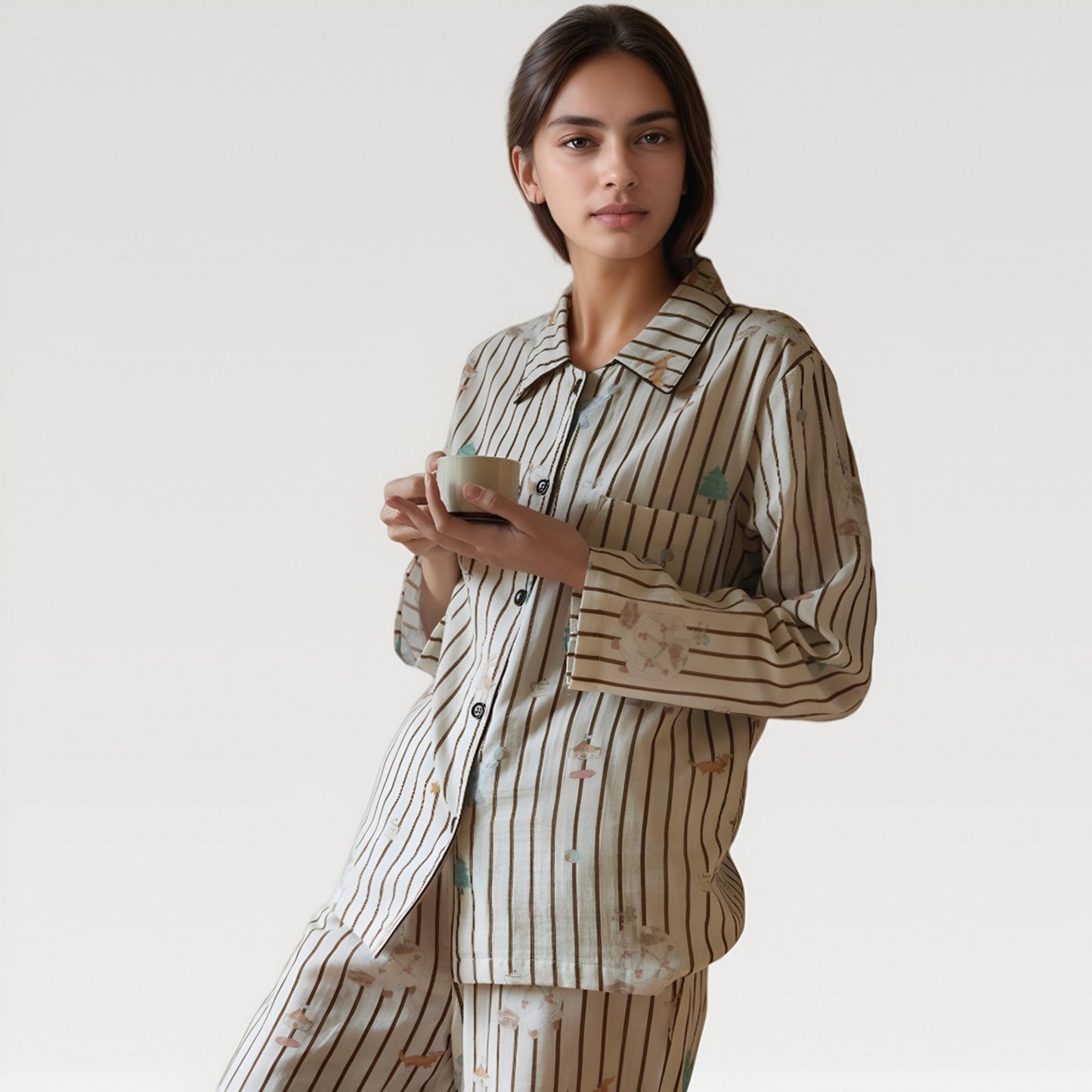 Satin Striped Pajama Set with Button Up Long Sleeve Shirt and Illustrated Tree Print Pants