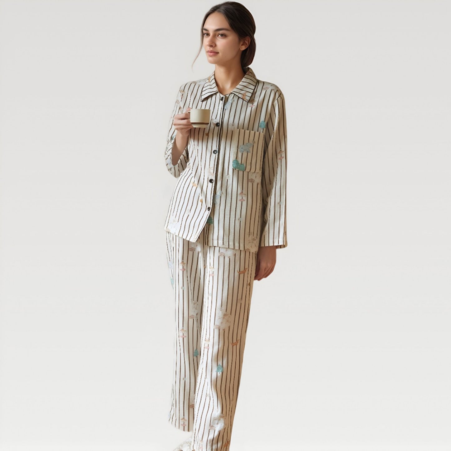 Satin Striped Pajama Set with Button Up Long Sleeve Shirt and Illustrated Tree Print Pants