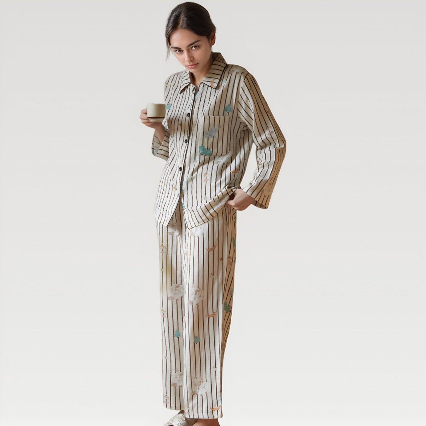 Satin Striped Pajama Set with Button Up Long Sleeve Shirt and Illustrated Tree Print Pants