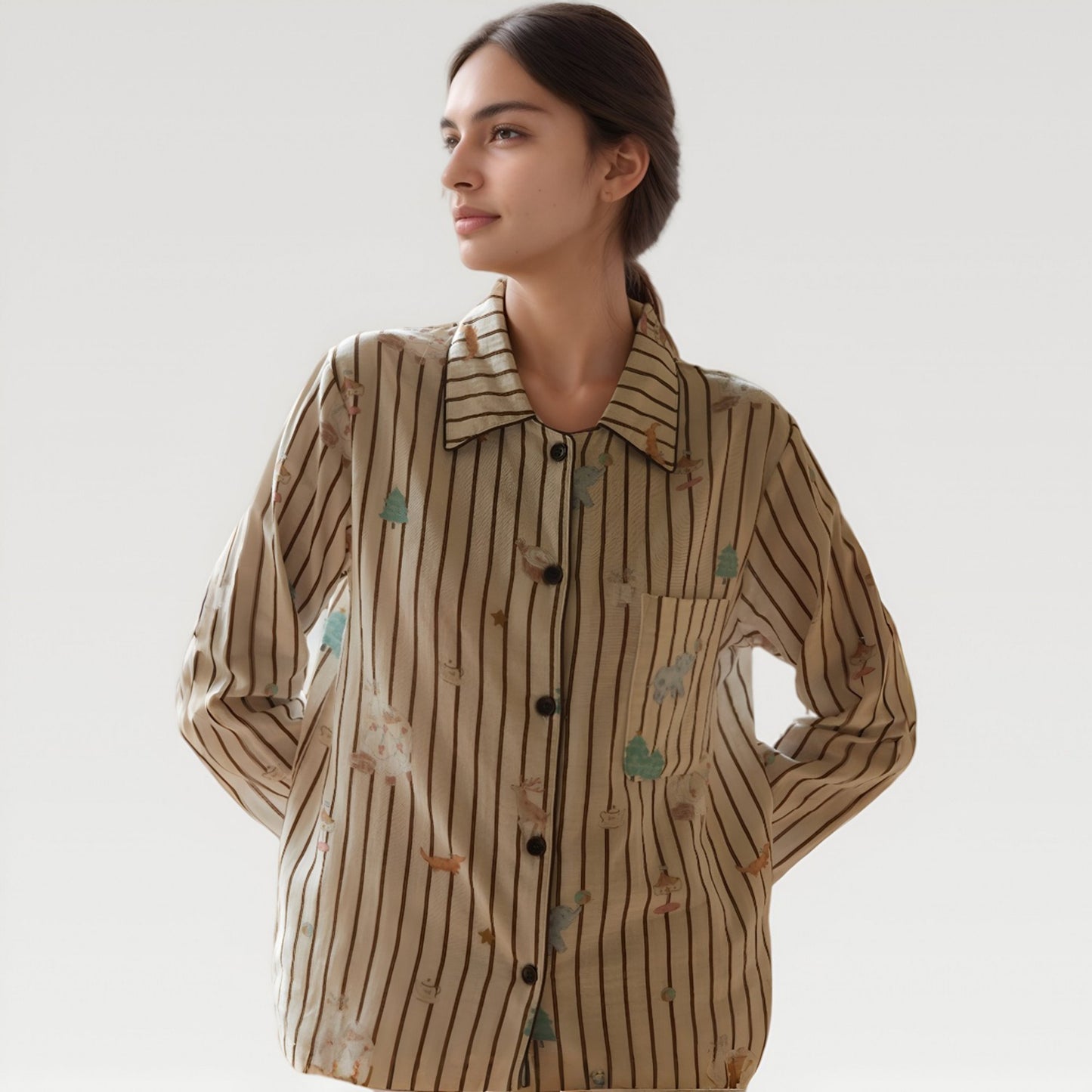 Satin Striped Pajama Set with Button Up Long Sleeve Shirt and Illustrated Tree Print Pants