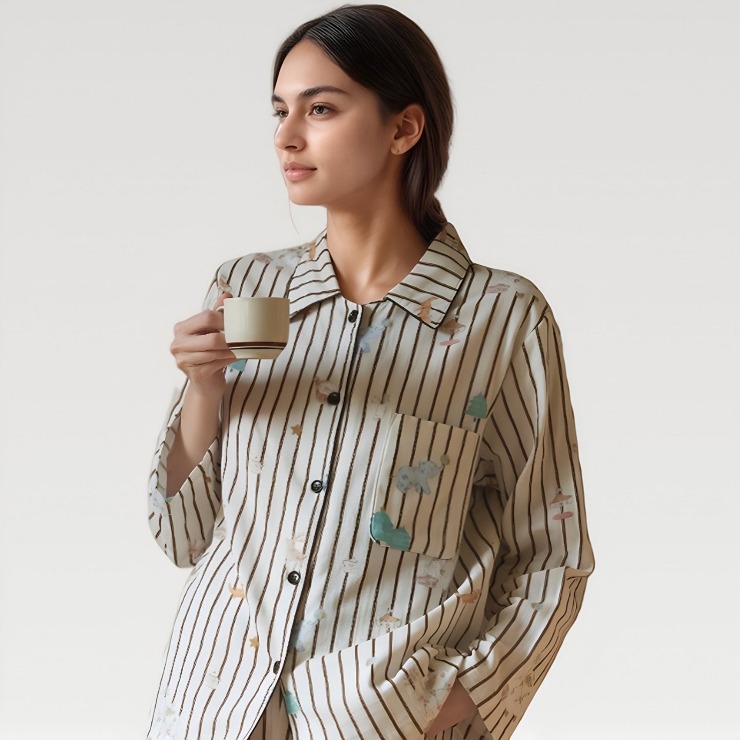 Satin Striped Pajama Set with Button Up Long Sleeve Shirt and Illustrated Tree Print Pants