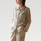 Satin Striped Pajama Set with Button Up Long Sleeve Shirt and Illustrated Tree Print Pants