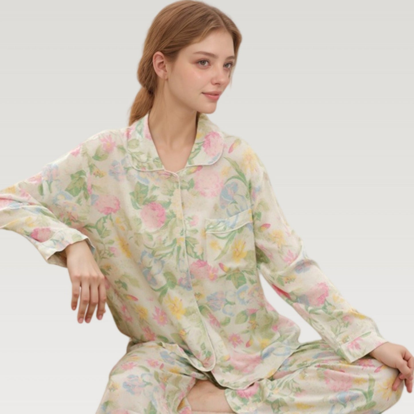 Satin Floral Print Pajama Set with Long Sleeve Button Up Shirt and Matching Relaxed Fit Pants