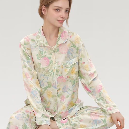 Satin Floral Print Pajama Set with Long Sleeve Button Up Shirt and Matching Relaxed Fit Pants