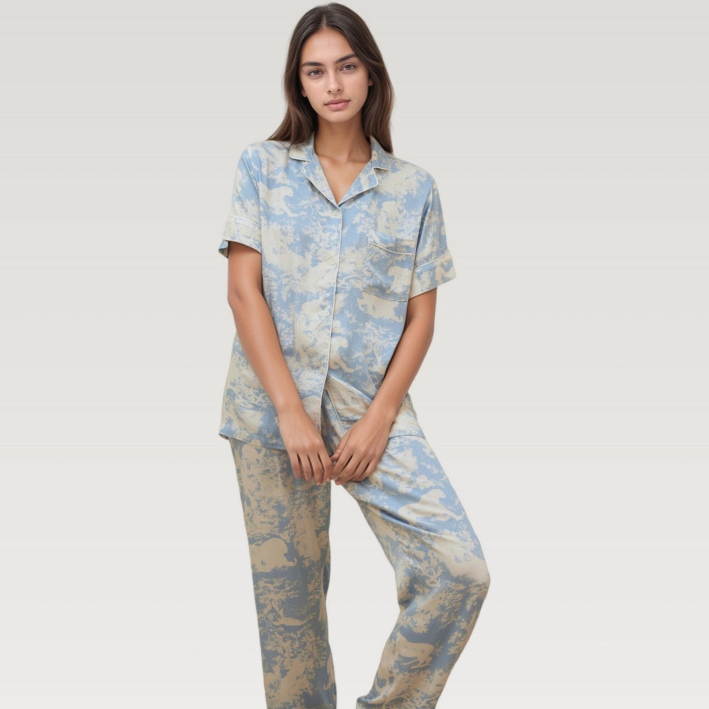 Satin Pajama Set with Short Sleeve Button Up Top and Abstract Animal Print Relaxed Pants