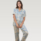 Satin Pajama Set with Short Sleeve Button Up Top and Abstract Animal Print Relaxed Pants