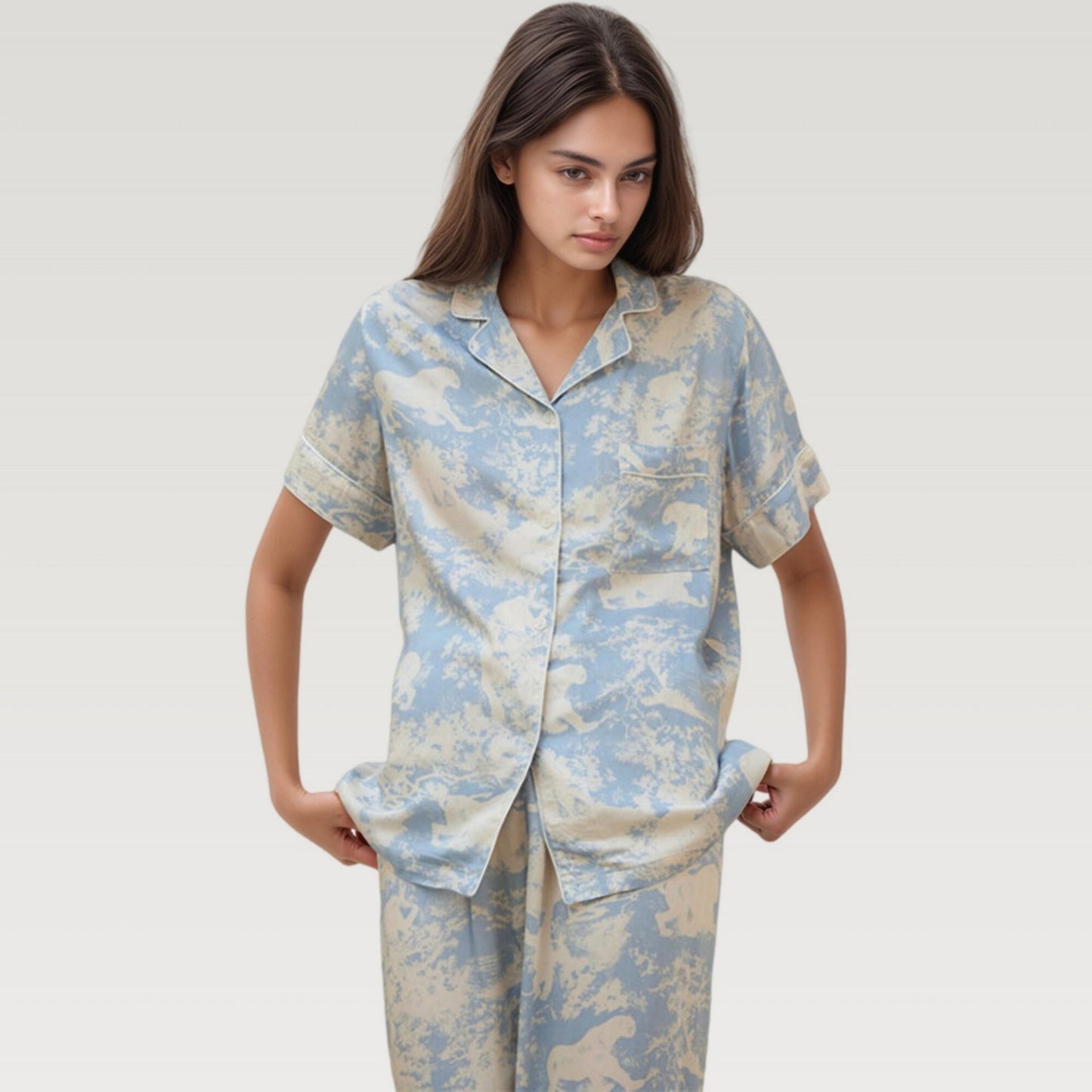 Satin Pajama Set with Short Sleeve Button Up Top and Abstract Animal Print Relaxed Pants
