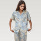 Satin Pajama Set with Short Sleeve Button Up Top and Abstract Animal Print Relaxed Pants